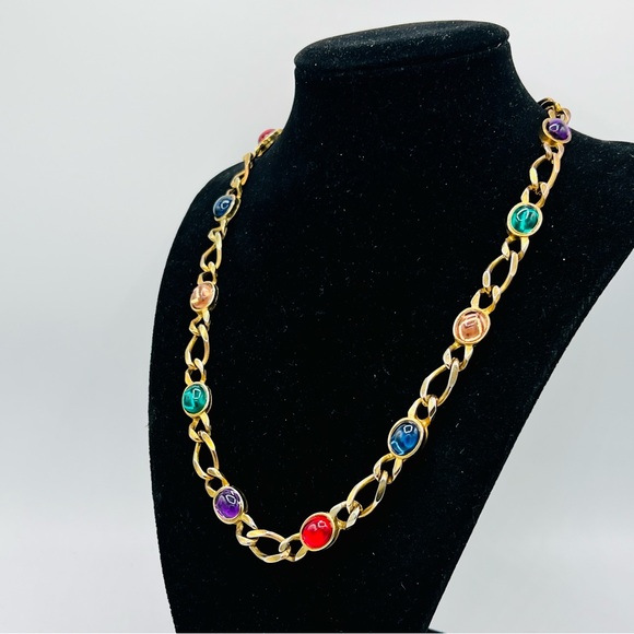 Vintage gold necklace colorful glass cabochons 19” statement jewelry - Picture 2 of 8